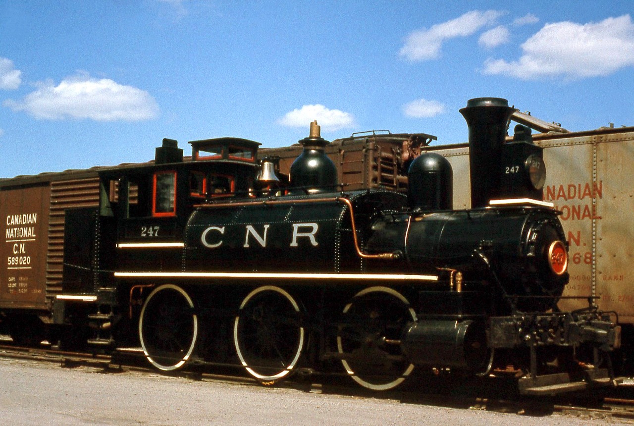One of the few steam engines involved in the Canadian National Museum Train, CNR 247 (an 0-6-0T built for the GTR in Pointe St. Charles shop in 1874) sits on display at Peterborough ON in May 1964. Its present day location is at the Canadian Museum of Science & Technology in Ottawa ON.