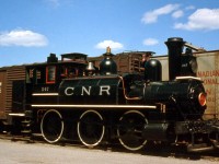 One of the few steam engines involved in the Canadian National Museum Train, CNR 247 (an 0-6-0T built for the GTR in Pointe St. Charles shop in 1874) sits on display at Peterborough ON in May 1964. Its present day location is at the Canadian Museum of Science & Technology in Ottawa ON.