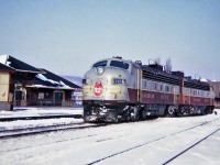 Canadian Pacific GMD FP7(A) No.1416 and 1402 at CP's Westmount Station on the service track to Glen yard. Montreal, Quebec Feb.05, 1965.