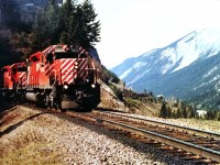 A trio of locomotives led by CP 5826 charges out of a tunnel with a lengthy train behind as it climbs the grade east of Field, BC on a beautiful spring day in May of 1983.