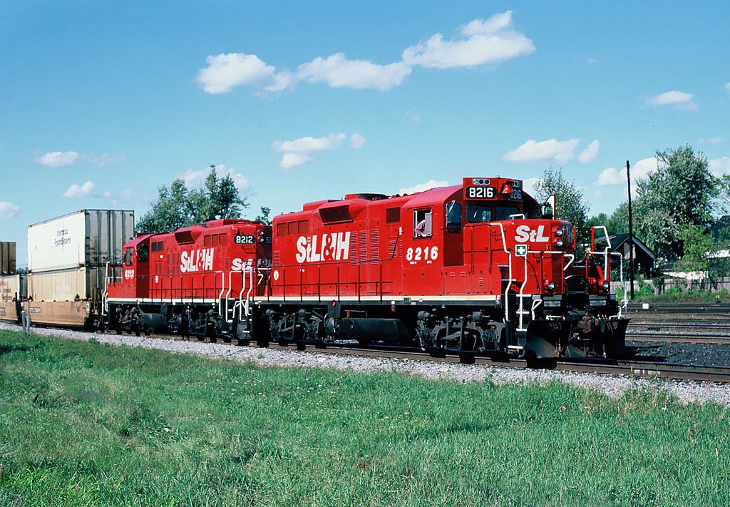 St.Lawrence & Hudson GMD GP9u 8216 and 8212 Aat Smiths Falls Ontario Sept. 15, 1999.