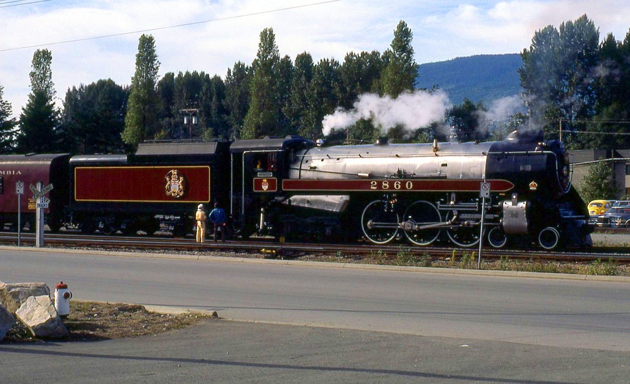 Pictured on BC Rail, the BC government's former CPR Royal Hudson 2860 is seen under steam at at North Vancouver BC.
