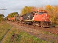 GEXR 432 passes mile 50 of the Guelph Sub with finally a CN leader returning to home rails. Just as the train cleared Hanlon I was lucky enough to have the sun break through the clouds to show off the fall colours. Thanks to Jacob Patterson for having me decide to try his location out. His shot of 432 the day before can be found here <a href="http://www.railpictures.ca/?attachment_id=26504"> http://www.railpictures.ca/?attachment_id=26504 </a>