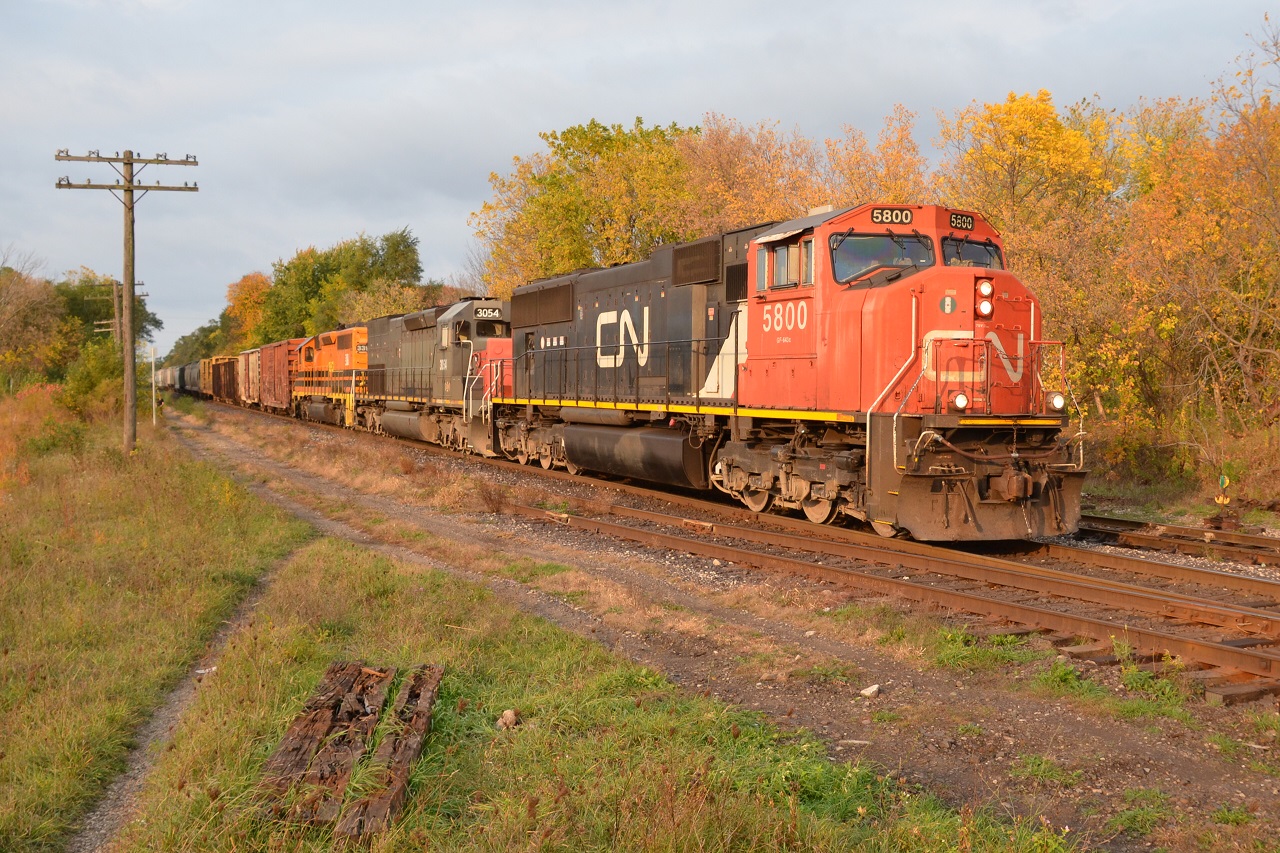 GEXR 432 passes mile 50 of the Guelph Sub with finally a CN leader returning to home rails. Just as the train cleared Hanlon I was lucky enough to have the sun break through the clouds to show off the fall colours. Thanks to Jacob Patterson for having me decide to try his location out. His shot of 432 the day before can be found here  http://www.railpictures.ca/?attachment_id=26504