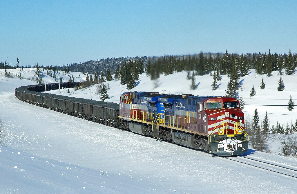 Cartier Railway GE AC4400CW No.20 and 27 with a loaded southbound iron ore train at mile post 25.5 Baker, Quebec Feb.13, 2005