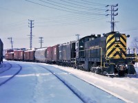 Leased Delaware & Hudson Alco S2 No.3032 switcher working on the Canadian Pacific in Montreal January 29, 1965.
