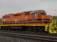 The newest addition to the Southern Ontario Railway roster is GP38-2, RLHH 2081.  On a very damp and dreary October day, the bright orange of the new G&W paint shines brightly.  2081 has quite the rich history, starting life as MEC 258, surviving a wreck on the MEC before a stint with HELM leasing as HLCX 3619.  After HELM it was sold to the Ottawa Valley Rail Link where it became TOR 2000.  The unit would arrive on the SOR as TOR 2000 in 1997, before being repainted and renumbered to RLK 3873, the number and reporting marks it carried until now.  Thanks to Rob Smith for providing the interesting history on this locomotive.