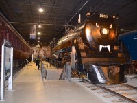 Royal Hudson CP 2850 is decorated for Halloween at Exporail, with LNER 4489 (the Dominion of Canada) beside it also similarly decorated.