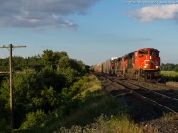 CN 399 roars towards Powerline Road West between Lynden and Brantford with CN 8958 on the point as the last light of the day sets the scene