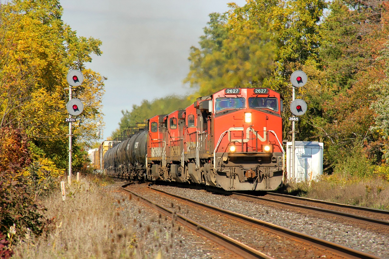 CN 435 with CN 2627, CN 2125, CN 2505 and CN 2659 splits the signals at CN Stewarttown approaching the level crossing with 15 Side Road. They just met CN 394 with CN 3079 and CN 3103.