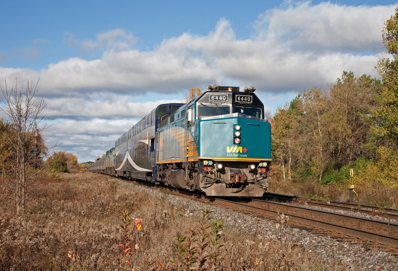 Running 7 hours late, VIA 2 provided an opportunity to capture her passage in late afternoon..  In addition to her 3 units and 14 cars, spliced between the first and second unit were 2 Rocky Mountaineer "Gold Leaf" cars heading to North Bay for overhaul.