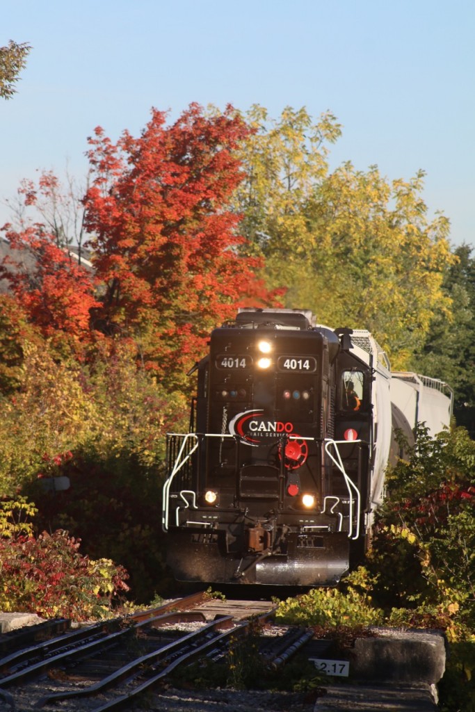 The autumn colour is beginning to take hold at mile 2 of the Owen Sound sub. as the OBRY southbound train nears the end of its trip south to Streetsville Jct. The train is about to cross a feeder creek for the Credit River, near old Meadowvale.