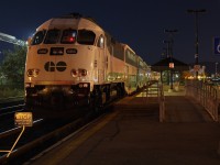 It would appear that GO Transit's Milton storage yard is full to capacity, excess trains are now being stored along the platform while the storage yard east of the station is being enlarged. This night view shows MP40PH #666 slumbering the night away, awaiting Monday's call to duty.