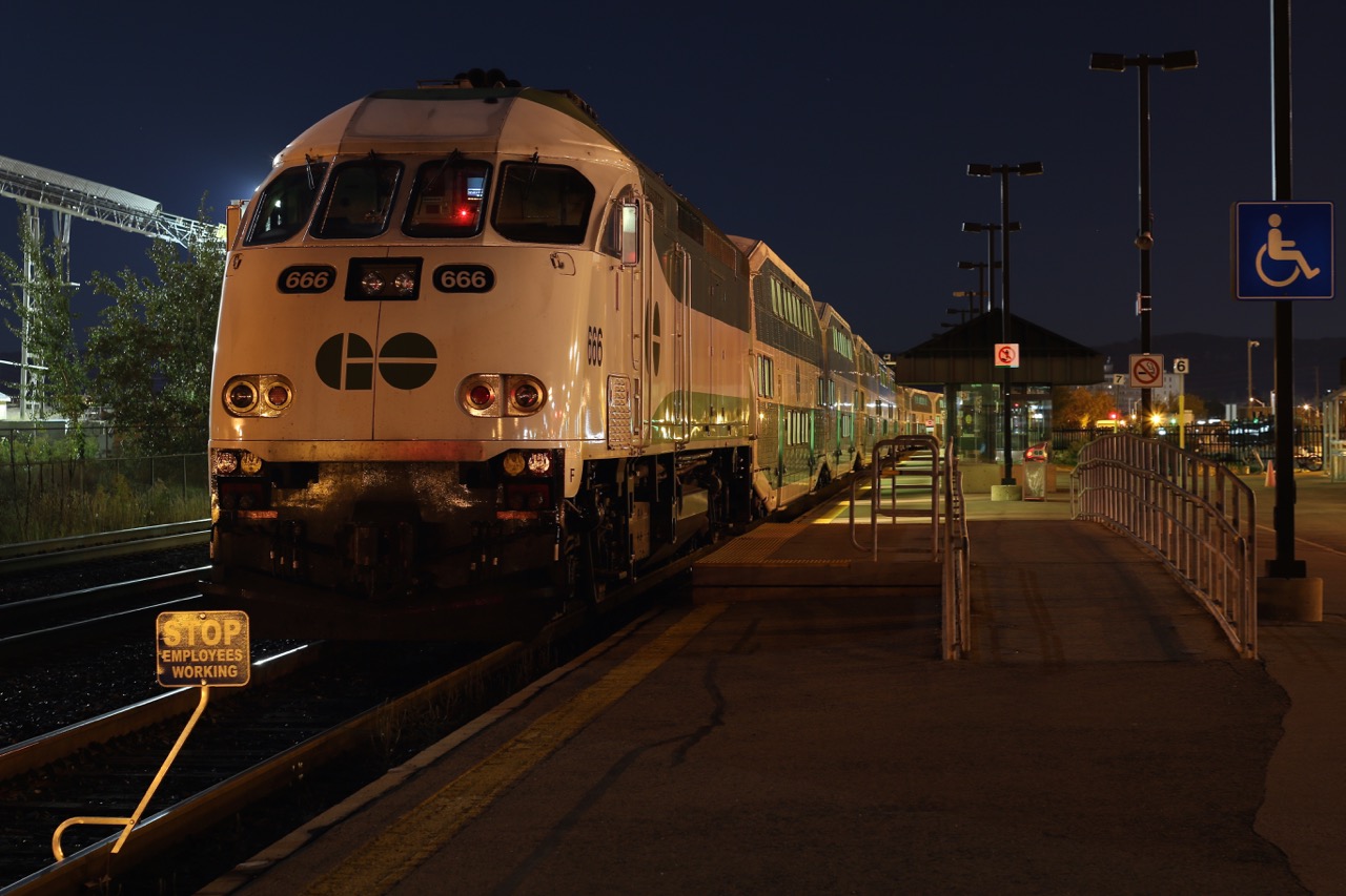 It would appear that GO Transit's Milton storage yard is full to capacity, excess trains are now being stored along the platform while the storage yard east of the station is being enlarged. This night view shows MP40PH #666 slumbering the night away, awaiting Monday's call to duty.