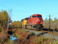 After many delays and a lot of time waiting, I was a little disappointed to see CP 9822 running light power with UP 8663 but the short train showed more of the fall colours of the area.  I wasn't in the rain for a change and it was a nice sunny, warm fall day so it was all good.  