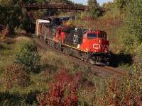 When I started railfanning back in the mid 1990s this location quickly became a favourite of mine. A group of us nicknamed "the Georgetown Railfan Society:) would often spend the afternoon noon here. Before the ritzy golf course took over the parallel land anyone could hike in here, hop the fence and get great shots in both directions all afternoon. Today I rarely venture in and shoot here mainly as it is overgrown and I don't want to scare off the golfers :) The bridge has taken a bit away from the shot too but in the fall the colour is still quite decent here. This past Friday I fought my way through the waist high weeds to catch CN 435 with a trio of older GE built units. I still love this place and the memories it holds.