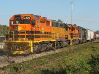 Goderich-Exeter Railway (GEXR) train 431 is seen switching the yard in Kitchener, Ontario on Sunday, September 25 with a colorful consist. With GEXR SD40-2 3394 stored with mechanical ailments, GEXR utilized two four-axle units on road trains 431 and 432 to fill in. The consist includes; GEXR GP39-2C 2303, LLPX GP38-2 2236, GEXR SD40-2 3393 and GEXR SD45-T2 3054. 