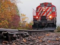 <b>33 miles from Hamilton</b> My train sits by the Mile 33 marker in Guelph, while the engineering crews are out brush cutting the end of track before we can proceed. 