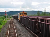  QNS&L GE C40-8M No.403 working mid-train helper on a southbound iron ore train at Oreway, Labrador mile post 186.6.