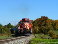 An afternoon departure for OSR out of Guelph Junction meant a lunchtime treat for this 'fan - and here we have a pair of GP9's groaning with heavy tonnage northward toward Guelph. The sound of this pair just giving 'er out of Moffat was nothing short of amazing. Add in some fall colour and I think this one turned out nice. RP.CA contributor/editor <a href=http://www.railpictures.ca/author/CNCNDR target=_blank> Michael DaCosta </a>in the Conductors seat