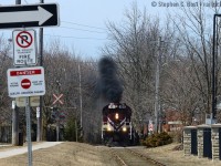 <b>Fire Route</b> on the Guelph Junction Railway. A bystander just may think the locomotive is on fire given the smoke show you see here, but we 'fans and railroaders know different.  Since this photo was taken, the GMD's have mostly taken over service on OSR's GJR division, but the MLW's do get out from time to time :)