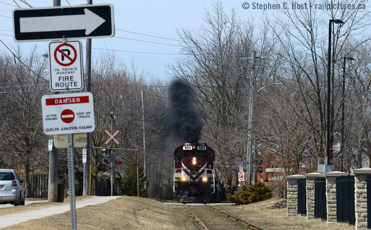 Fire Route on the Guelph Junction Railway. A bystander just may think the locomotive is on fire given the smoke show you see here, but we 'fans and railroaders know different.  Since this photo was taken, the GMD's have mostly taken over service on OSR's GJR division, but the MLW's do get out from time to time :)