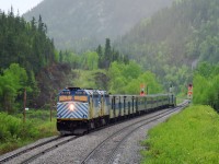 Northbound on the QNS&L Sept-Îles to Schefferville, Québec 359 mile trip, Tshiuetin Passenger train with in the lead EMD F40PHR No.600 nee Amtrak 265, and No.601 nee Amtrak 291 at mile 155 Seahorse, Labrador.