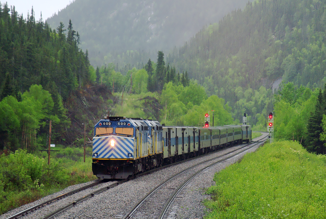 Northbound on the QNS&L Sept-Îles to Schefferville, Québec 359 mile trip, Tshiuetin Passenger train with in the lead EMD F40PHR No.600 nee Amtrak 265, and No.601 nee Amtrak 291 at mile 155 Seahorse, Labrador.