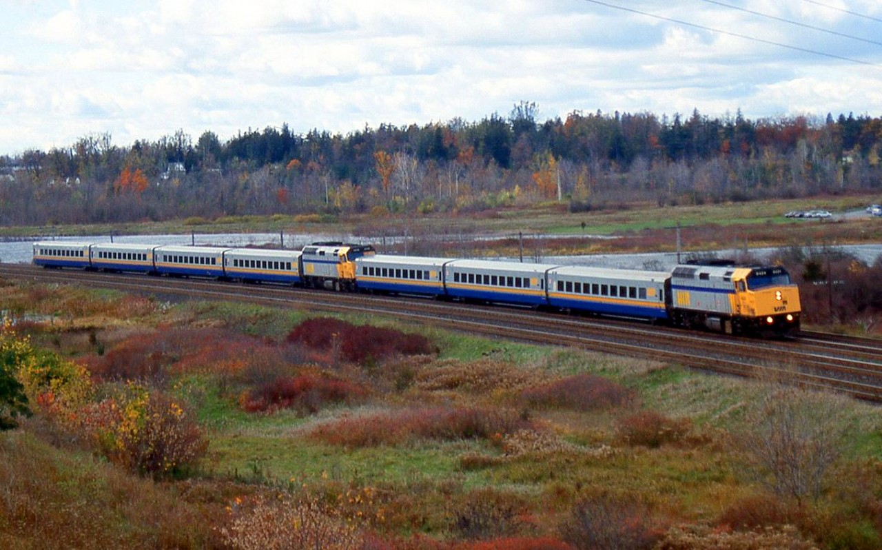 VIA Rail "J Train" (joint train) 56/42 has just left Kingston Station with its twin F40 and LRC consists. At Brockville the train will split, with 42 going to Ottawa and 56 proceeding to Montreal.