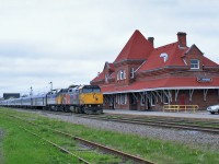 VIA Rail train 14 The"Ocean" arriving at Amherst, Nova Scotia train station with in the lead F40PH-2 6401 Spider-man paint scheme. 