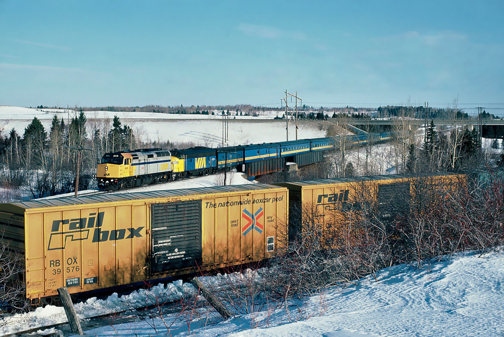 Three years old VIA Rail F40PH-2 No.6410 leading train 14 the "Ocean" near Bathurst, New Brunswick December 12, 1989.