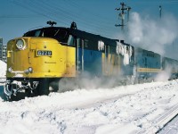    VIA Rail westbound train 11 The Atlantic on a very cold day, with VIA MLW FPA-4 6779, February 05, 1987.