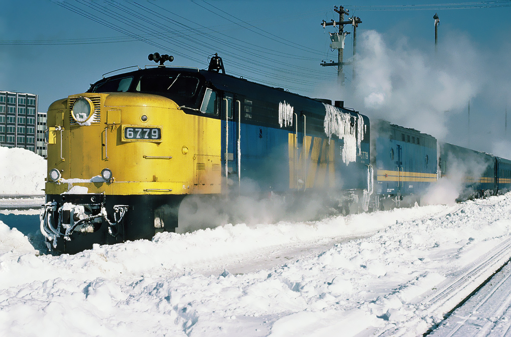 VIA Rail westbound train 11 The Atlantic on a very cold day, with VIA MLW FPA-4 6779, February 05, 1987.