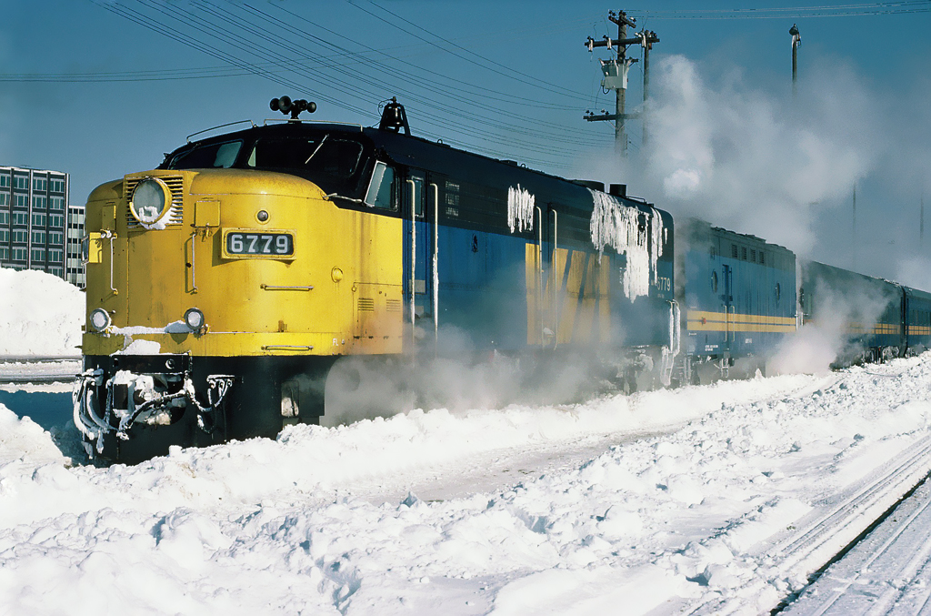 VIA Rail westbound train 11 The Atlantic on a very cold day, with VIA MLW FPA-4 6779, February 05, 1987.
