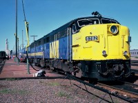 VIA Rail MLW FPA-4 6782 leading train 11 The Atlantic westbound to Saint John, New Brunswick and through the State of Maine to Montreal, Quebec. June 21, 1986.