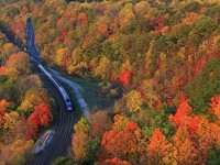 Early morning sun lights up the fall colours as VIA 919, with London to Toronto train 82, makes its way east at mile 4.6 on the CN's Dundas Sub

A big shoutout to RP.ca's poobah for directions and parking arrangements. Thanks Stephen.