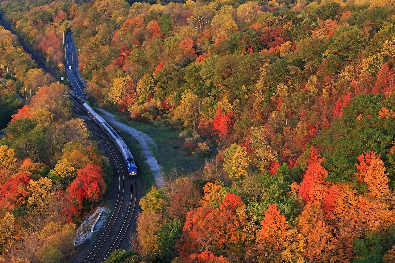 Early morning sun lights up the fall colours as VIA 919, with London to Toronto train 82, makes its way east at mile 4.6 on the CN's Dundas Sub

A big shoutout to RP.ca's poobah for directions and parking arrangements. Thanks Stephen.
