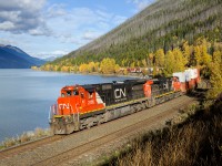 Passing some beautiful fall colour, running alongside an equally beautiful Moose Lake, CN C40-8 2105 leads a Prince Rupert-Montreal stack train east on the Albreda Sub.