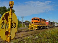 GEXR 431 rolls west past ol' XW23 in Guelph with 45 cars.  Sandwiched between the GEXR units is leased CN GE C44-9W 2560.  I wasn't the only fan out today, Alex Sanders caught this train at mile 49: <a href="http://www.railpictures.ca/?attachment_id=26313"> http://www.railpictures.ca/?attachment_id=26313 </a>