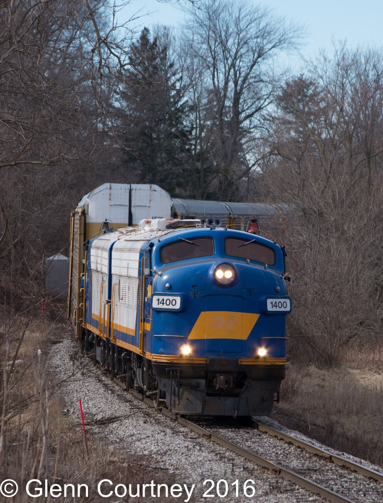 I felt like I was the only railfan within 500 miles who hadn't been to visit the Ontario Southland operation out of Ingersoll. Things finally lined up for me to get out there in March - I was rewarded with a pair of Fs. It was worth the wait. 

After picking up loaded autoracks at CAMI OSR 1400 and 1401 are headed east for the CPR interchange in Woodstock.