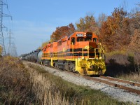 Autumn colours and sunny late afternoons on the Hagersville Subdivision ... not for long so enjoy now.  RLHH 3404 and RLHH 3403 with train RLHH 595 have just passed MP 1.0 and will coast to a full stop at MP 0.87.  The cut of cars from Garnet Yard RLHH 595 will be tied down with the linked power proceeding light and south onto the Esso / Hydro lead this day to extract a small string of cars.  RLHH 3403 (leading north) and RLHH 3404 will utilize the switch at 0.0 to gain access to reverse onto the Stelco lead so as to free up the main line for QGRY 2301. QGRY 2301, Esso switcher, will then trundle north to MP 0.87, grab RLHH 595 and return back south to the Refinery compound. RLHH 3403 and RLHH 3404 will follow returning light through the switch to assist with switching duties at the Refinery and to extract the balance of this evening's train RLHH 597. The browns this week-end have clearly enhanced railfanning in this neck of the woods.  (1st photo of SOR set) 