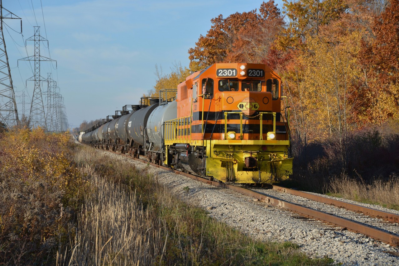 RLHH 2301, Refinery switcher, poses amidst a grove of Autumn browns at MP 0.87 of the Hagersville Subdivision while retrieving a cut of cars designed this day for Imperial Oil (ESSO) at Nanticoke.  This string of southbound cars assembled earlier at the marshaling yard at Garnet and dropped / tied down, just short of Concession 4 Walpole, by RLHH 3404 lead & RLHH 3403.  In keeping with today's game plan, the two stable mates are temporarily parked on the Stelco lead MP 0.01 with a string of cars picked up minutes before at the refinery which, in turn, will form part of to-nites northbound train RLHH 597.  (photo 4th of SOR set)