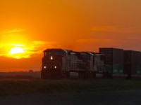One of the best thing's about rail fanning in the prairies is the ability to shoot from sunrise to sunset with no obstructions on the horizon (i.e. mountains). It's 20:02 and the prairie sun is not far from ending another day. In the foreground an eastbound CN intermodal is seen passing through Allan SK. 