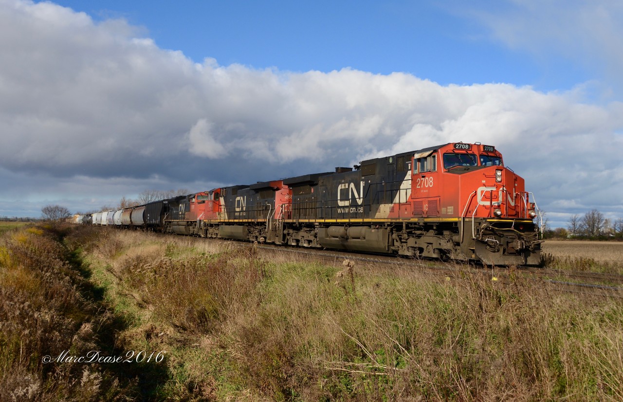 IC 2708 with CN 2689 and CN 8010 head east out of Sarnia at Waterworks Road.