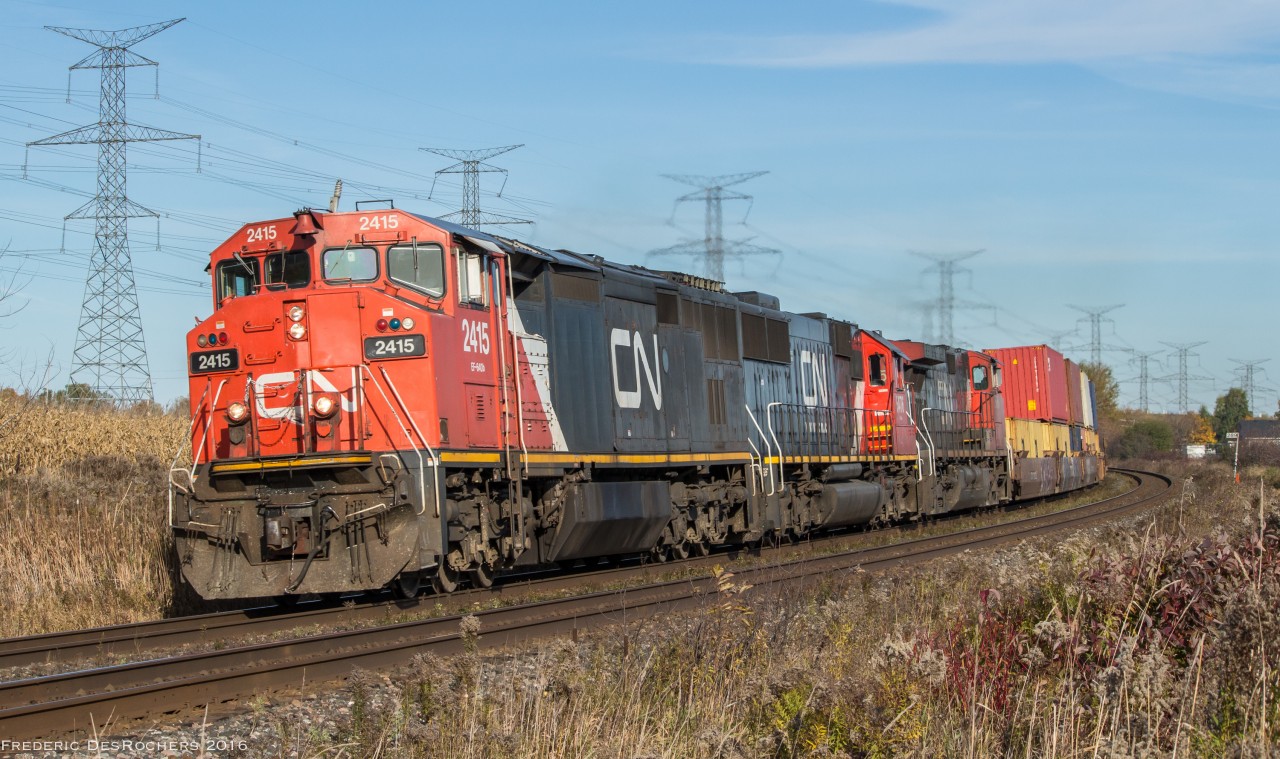 CN 149 blasts through the Bennett Road crossing in Bowmanville with a nice old Cowl leading the way.

CN2415, CN 5476, CN 2586

1600hrs