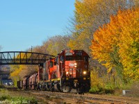 Tr 550 with 4726, 7068 and 4785 is on the move in the service track at Hamilton ON on their way to the north main of the Grimbsy Sub to set off cars at the CN Steel Transload facility at Parkdale Ave. Classic GM power with a splash of Fall colour.