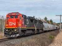 A pair of Standard Cabs still have their place on CN's roster, as they bring train 314 from Winnipeg through Zephyr, bound for Toronto. CN 2018, IC 1020 1400hrs
