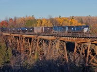 Two bluebirds add a splash of colour to the autumn landscape as they lead an empty ethanol train west through Cherrywood. The train has made very good time since it departed Montreal this morning at 08:12 and only passed through here at 15:50 for Toronto. 