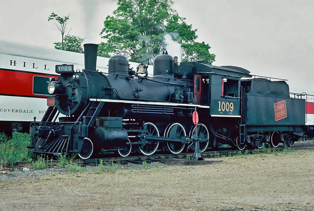 Canadian National steam 4-6-0 No. 1009 (built in 1920 by MLW) at Hillsborough, New Brunswick on the Salem & Hillsborough Railroad. July 10, 1988.