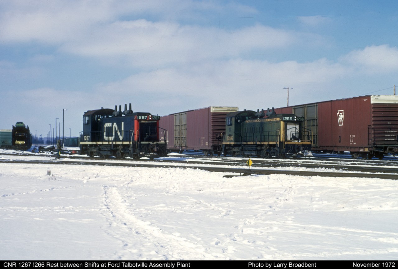 CNR 1266 and 1267 rest between shifts at the Ford Talbotville Assembly Plant November 1972